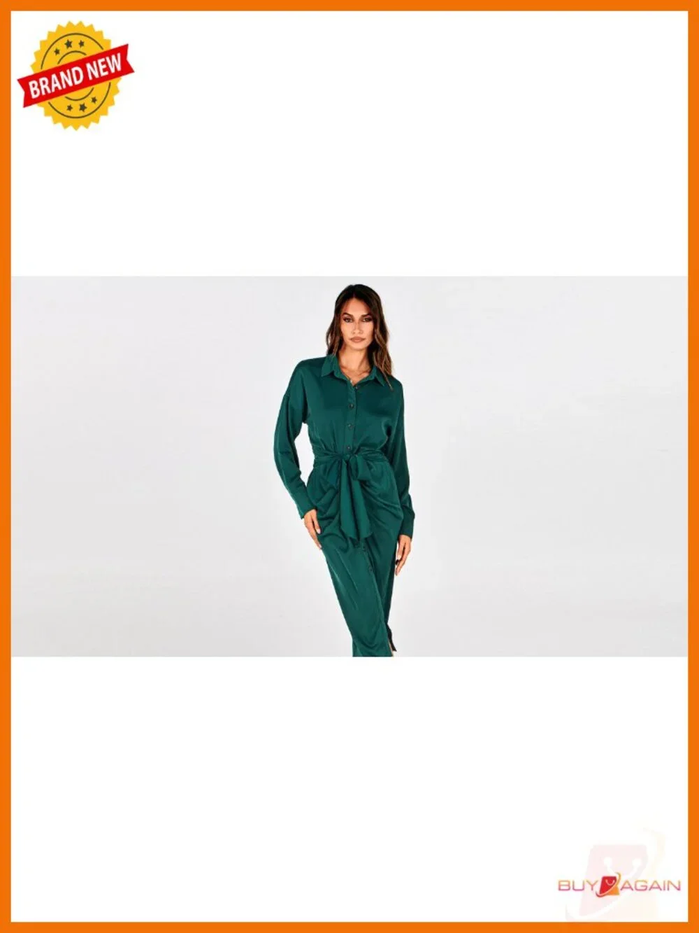 Women's Button Down Satin Maxi Dress Long Sleeve Tie Waist Ruched Party